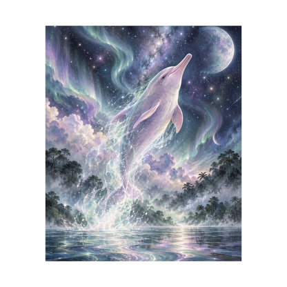 Celestial Dolphin’s Aurora Leap – Mystical Watercolor Wall Art