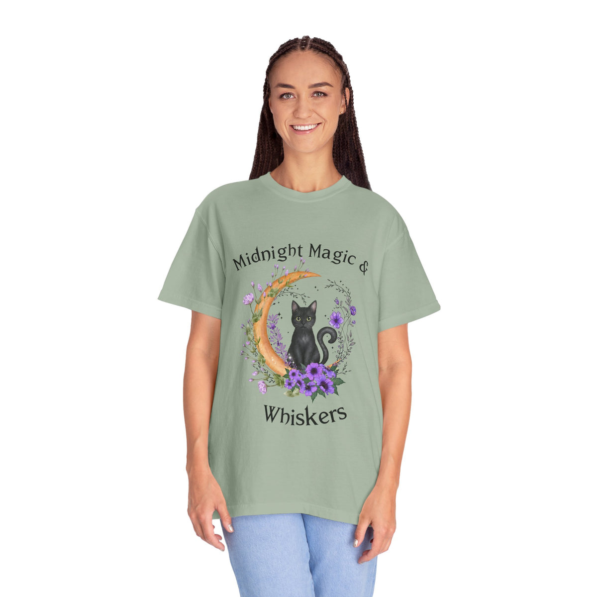 Mystical Black Cat Crescent Moon Floral Graphic Tee – Witchy Cat Lover Shirt