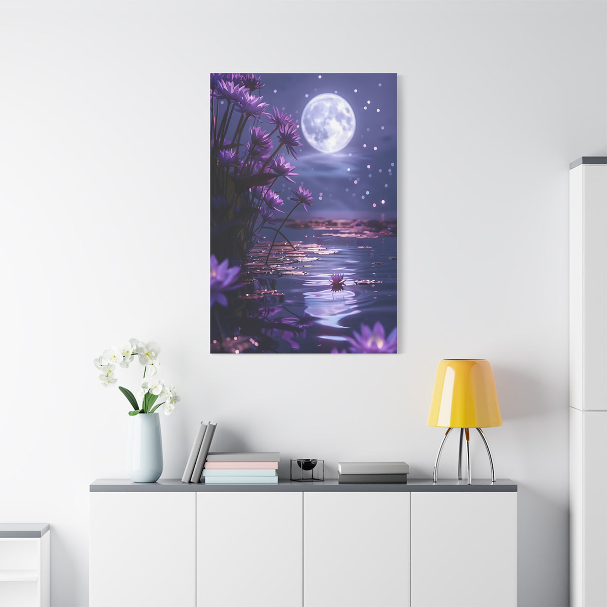 Moonlit Lotus Reverie – Purple Water Lily Moonlight Wall Art