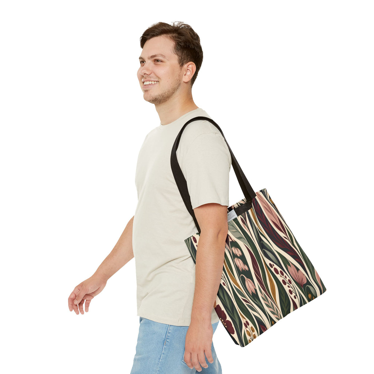 Botanical Wave Tote Bag — Earthy Floral Pattern All-Over Print