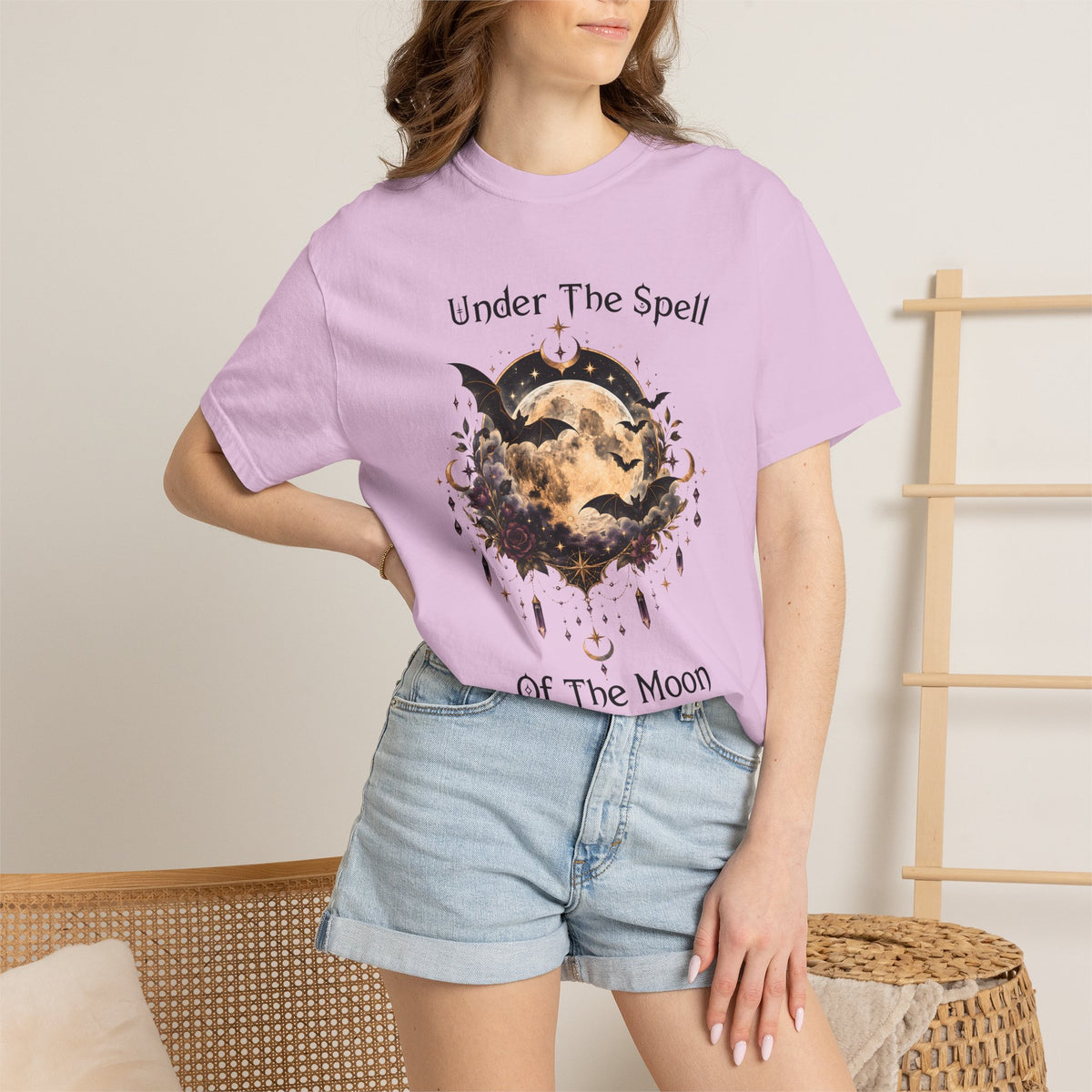 Moonlit Enchantment T-Shirt | Gothic Celestial Moon & Bats Graphic Tee