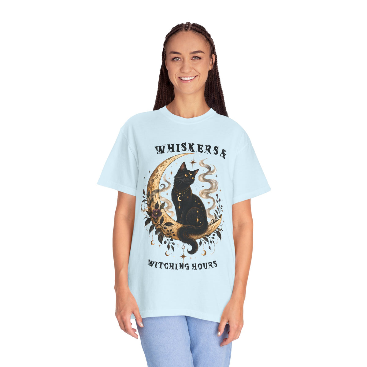 Mystical Black Cat Crescent Moon T-Shirt | Celestial Witchy Cat Tee