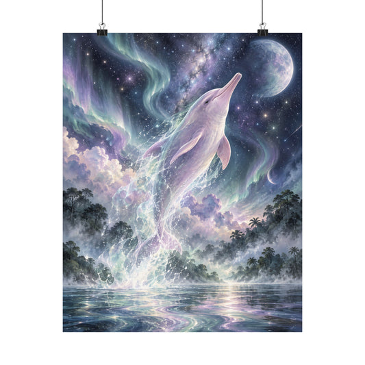 Celestial Dolphin’s Aurora Leap – Mystical Watercolor Wall Art