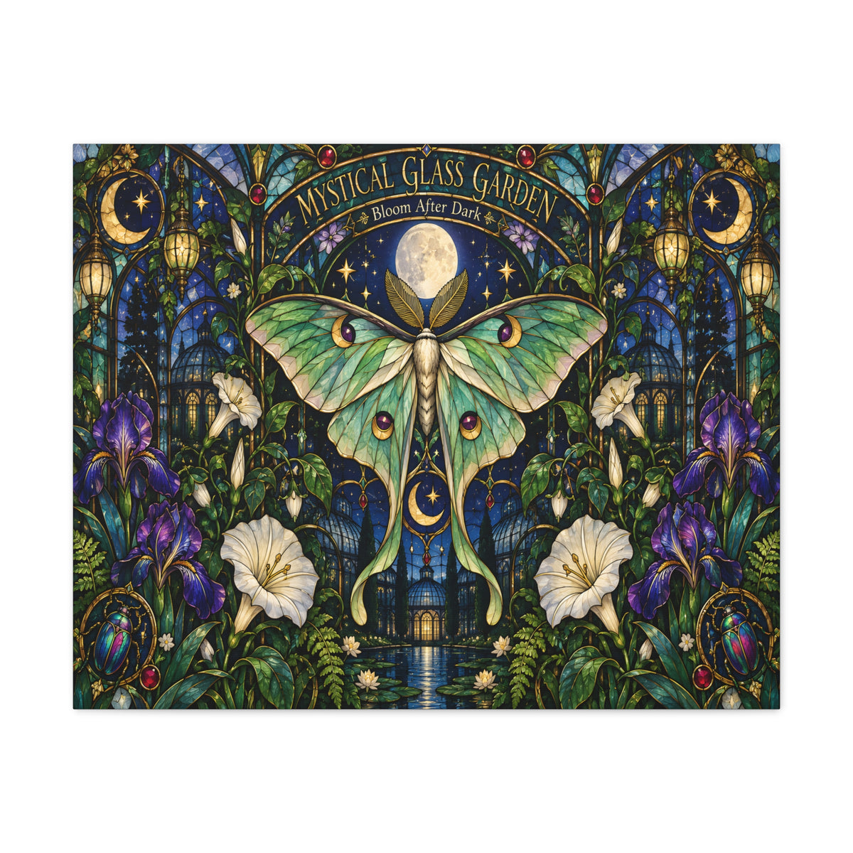 Mystical Glass Garden Luna Moth Canvas Print — 'Bloom After Dark' Stretched Art