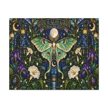 Mystical Glass Garden Luna Moth Canvas Print — 'Bloom After Dark' Stretched Art