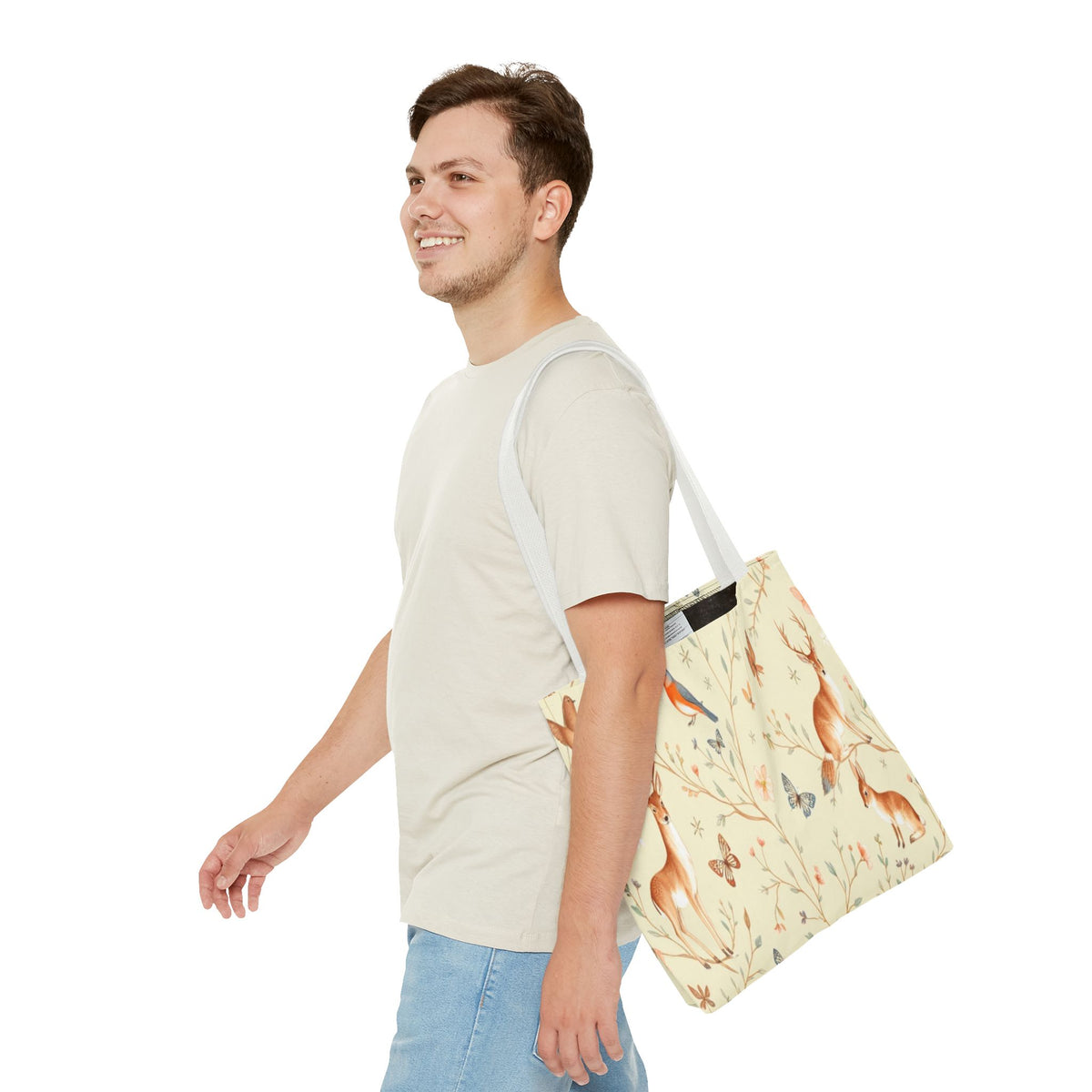 Floral Woodland Tote Bag - Deer & Birds Pattern