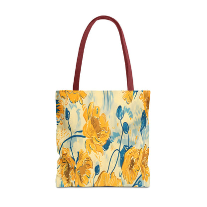 Golden Poppy Meadow Tote Bag – Yellow & Teal Painterly Floral Patter