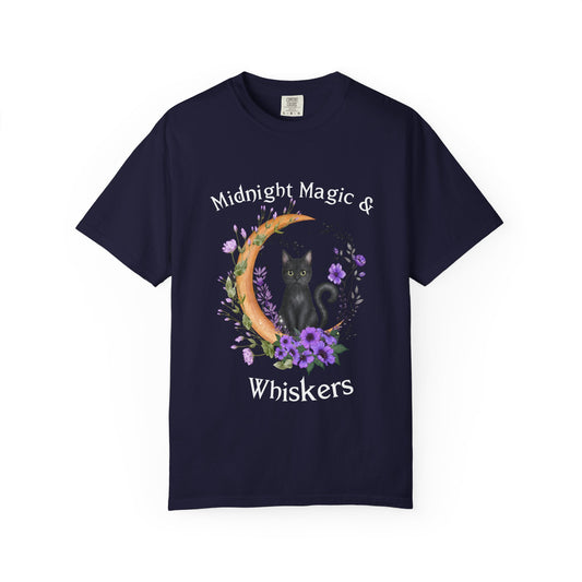 Mystical Black Cat & Crescent Moon Floral T-Shirt | Witchy Cat Tee