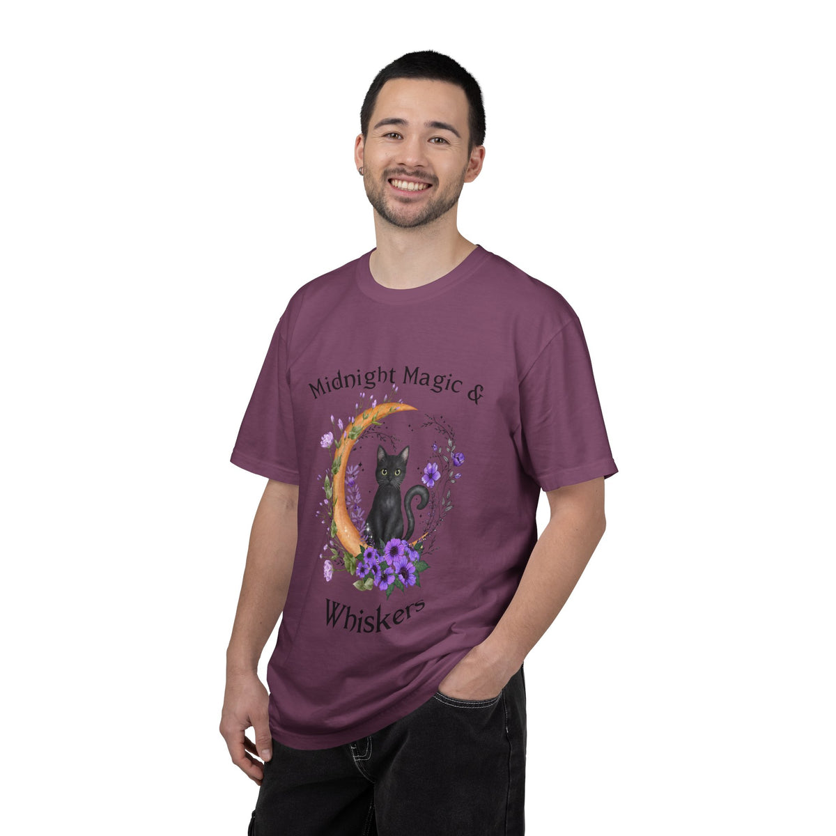 Mystical Black Cat Crescent Moon Floral Graphic Tee – Witchy Cat Lover Shirt