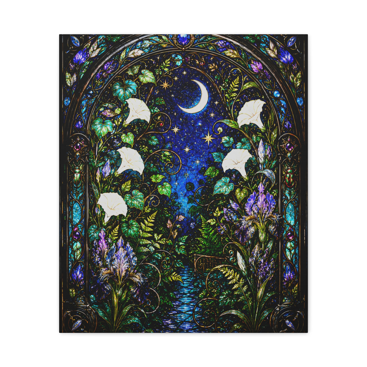 Moonlit Garden Passage | Stained Glass Botanical Wall Art