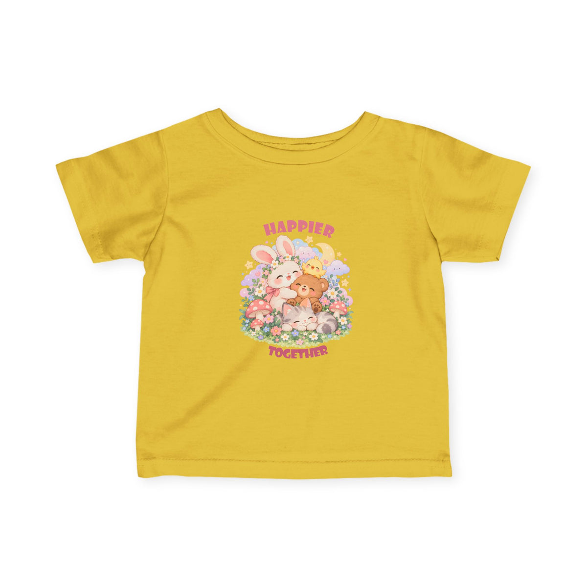 Infant Tee — "Happier Together" Floral Bunny & Bear Baby Shirt
