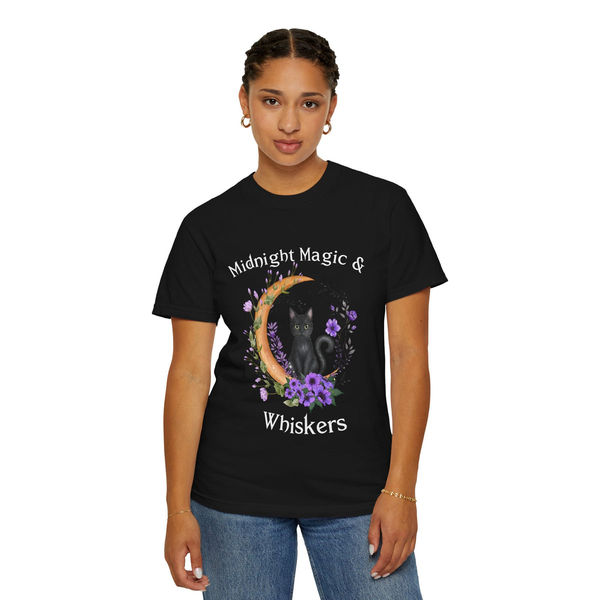 Mystical Black Cat & Crescent Moon Floral T-Shirt | Witchy Cat Tee