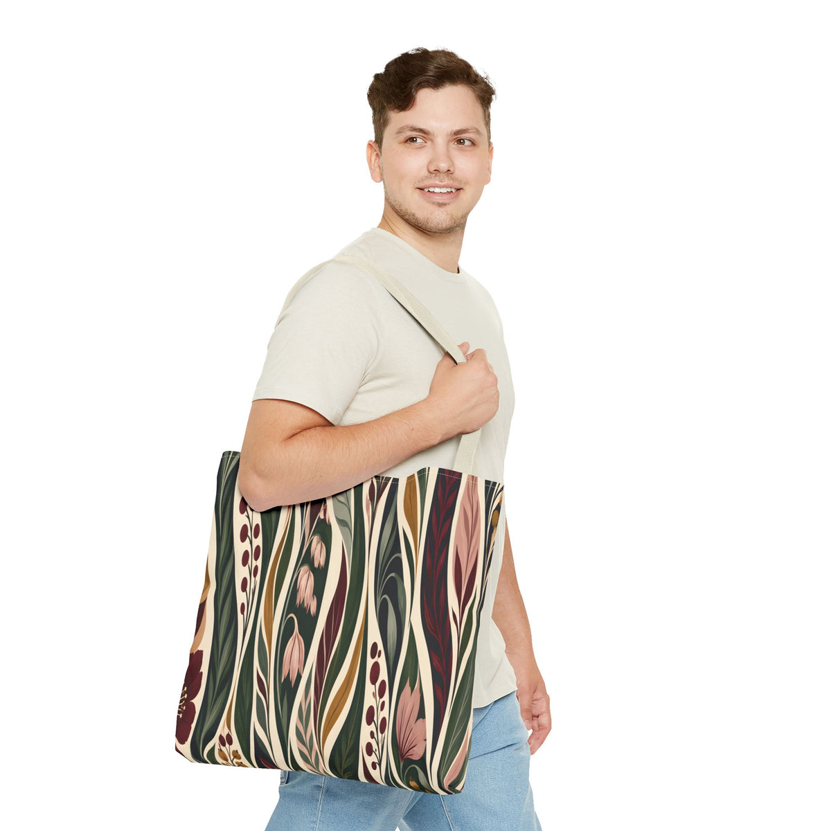 Botanical Wave Tote Bag — Earthy Floral Pattern All-Over Print
