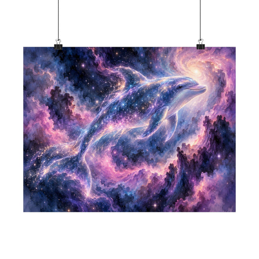 Celestial Dolphin Nebula – Purple Galaxy Watercolor Art Print