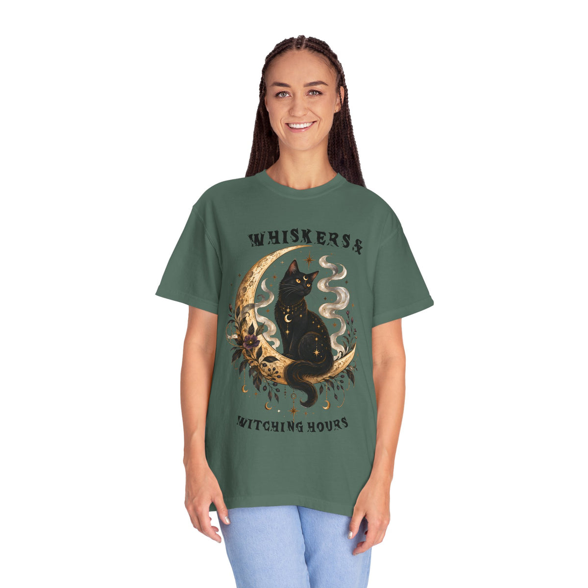 Mystical Black Cat Crescent Moon T-Shirt | Celestial Witchy Cat Tee