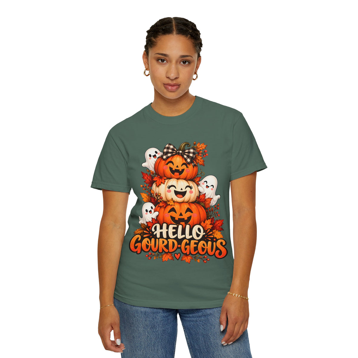 Hello Gourd-Geous Halloween T-Shirt | Cute Pumpkin & Ghost Graphic Tee