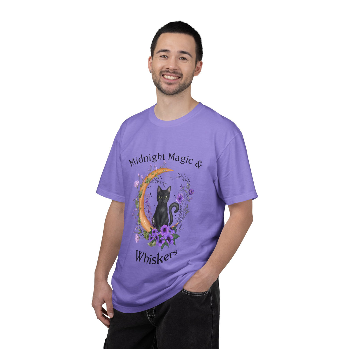 Mystical Black Cat Crescent Moon Floral Graphic Tee – Witchy Cat Lover Shirt