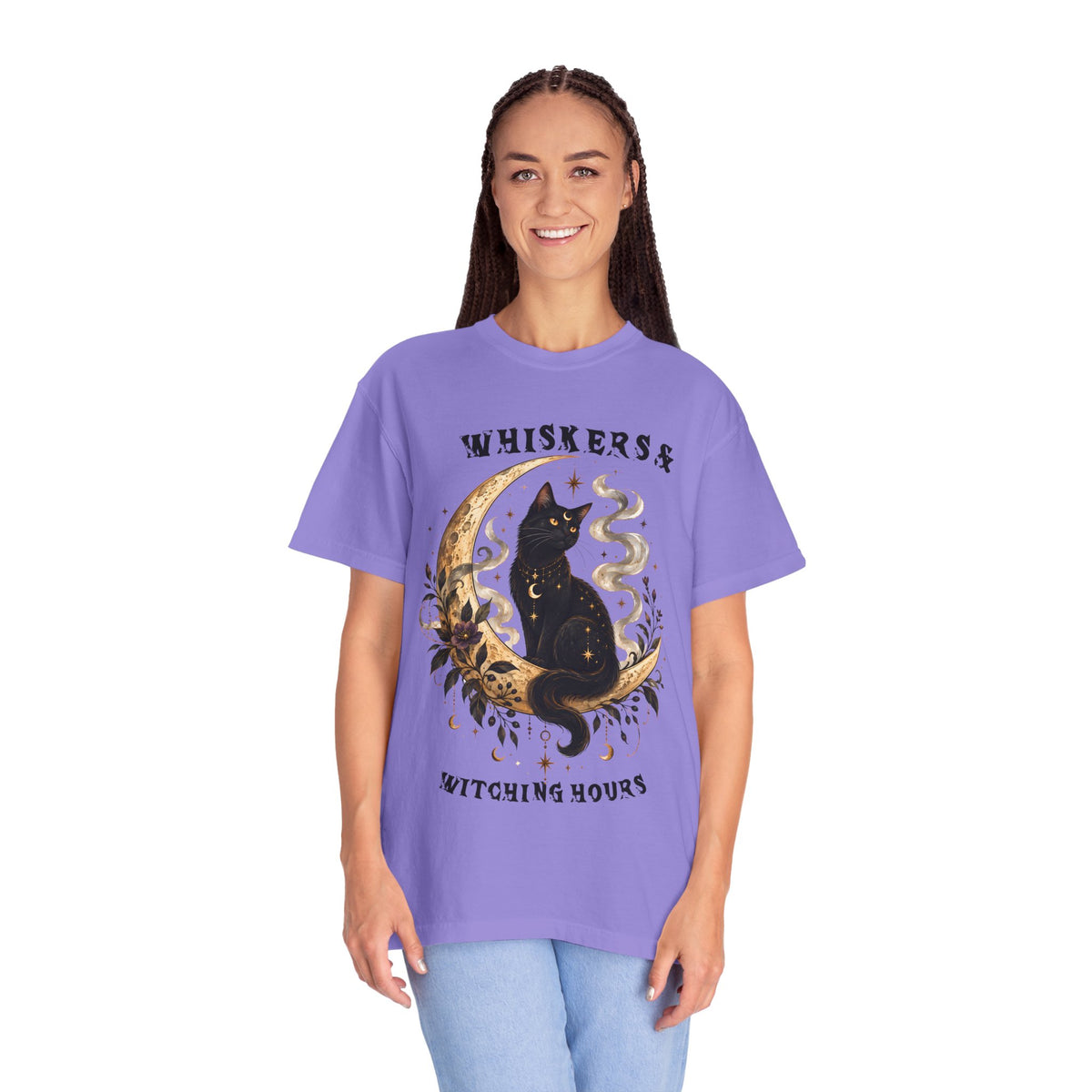 Mystical Black Cat Crescent Moon T-Shirt | Celestial Witchy Cat Tee