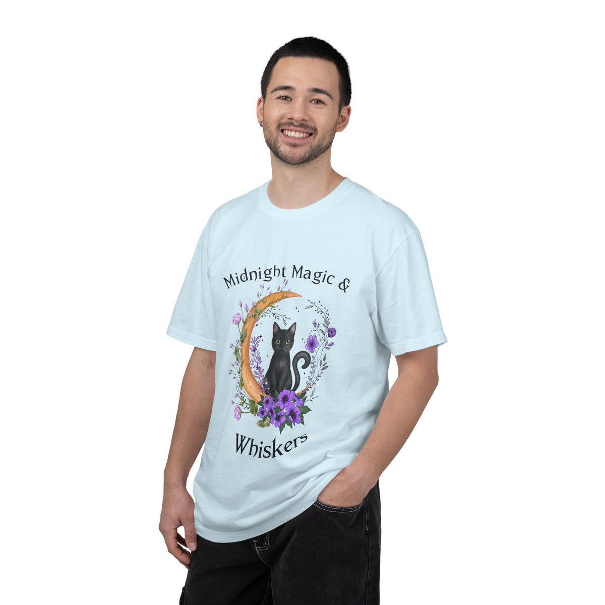 Mystical Black Cat Crescent Moon Floral Graphic Tee – Witchy Cat Lover Shirt