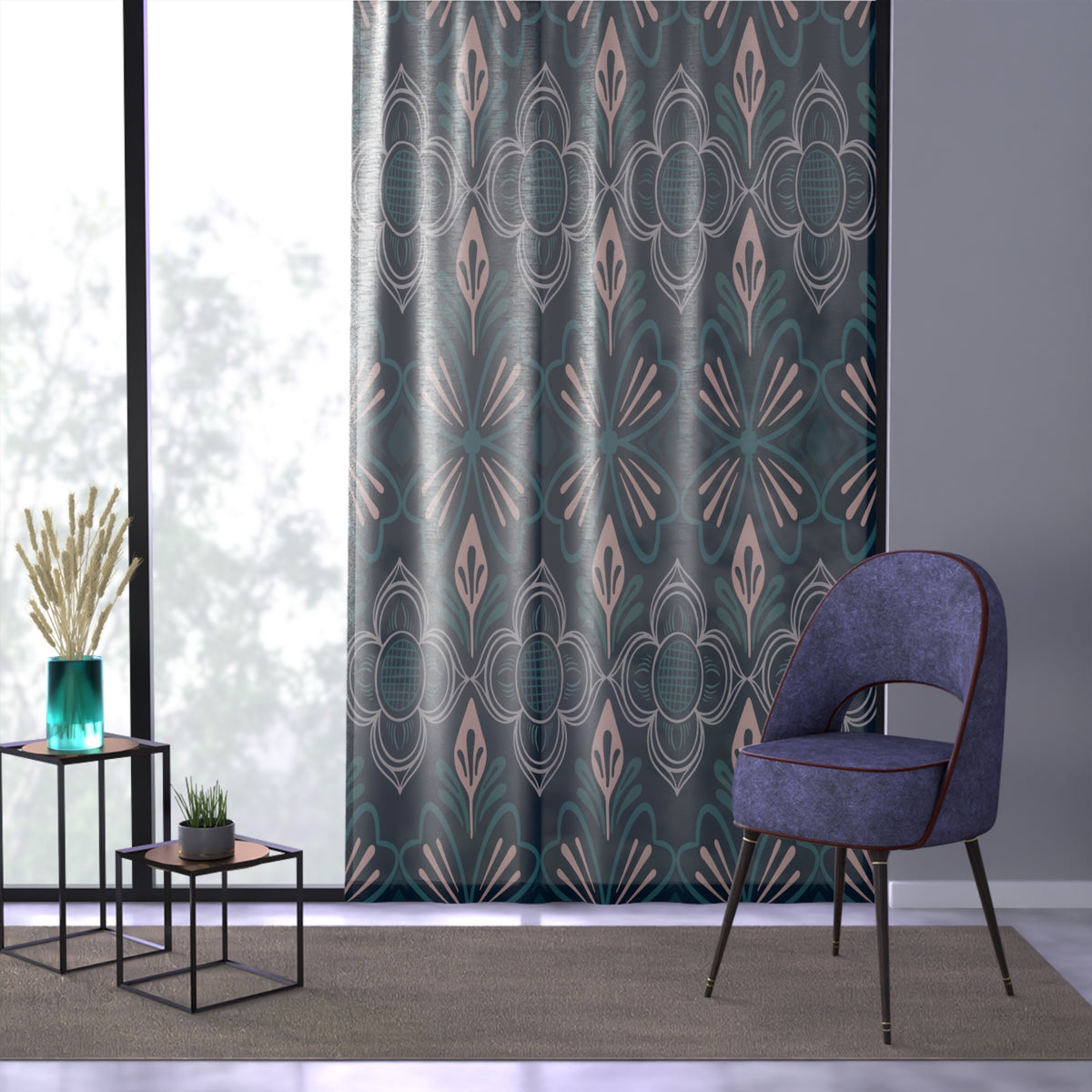 Nordic Folk Floral Window Curtain – Navy Blush Scandinavian Decor