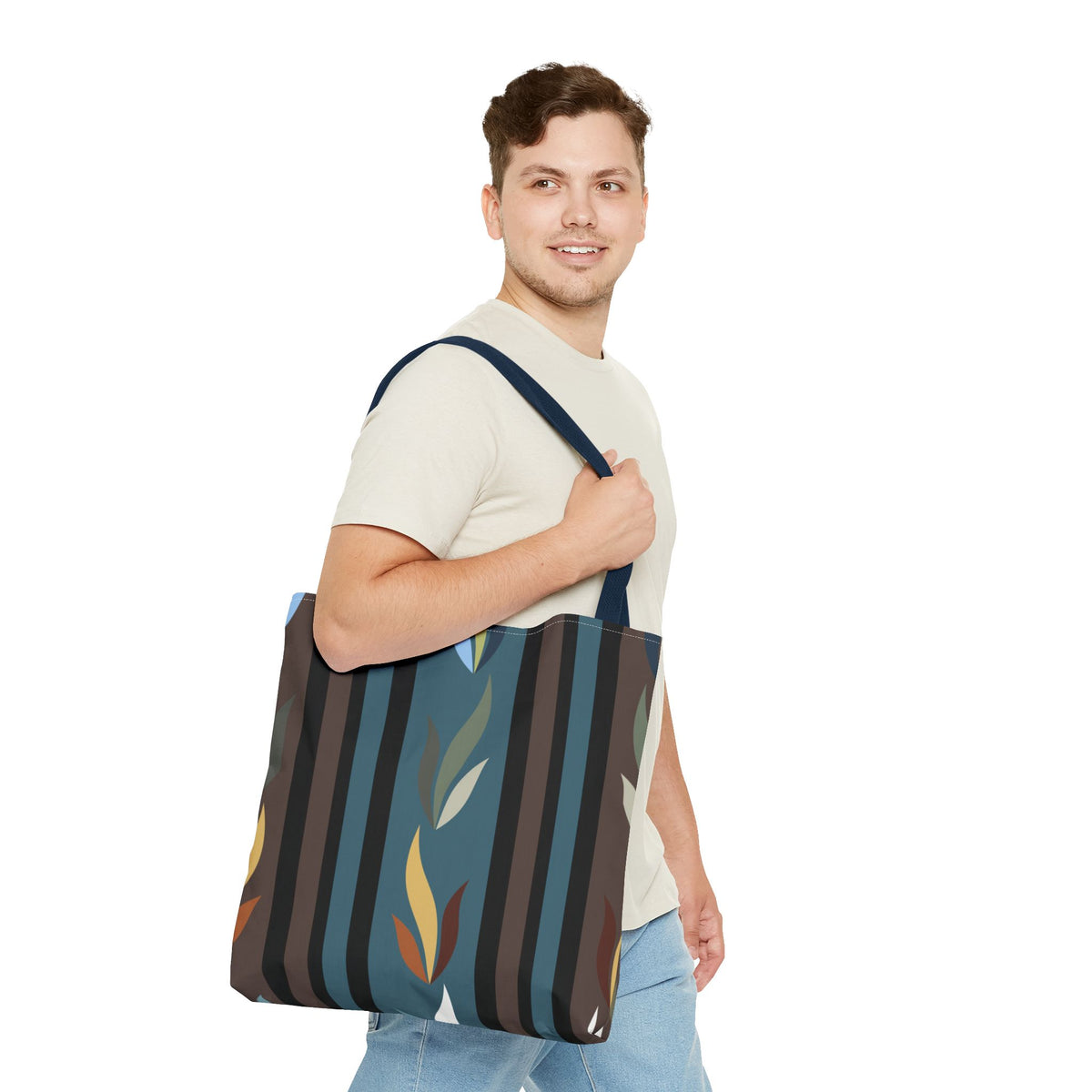 Autumn Stripe Leaf Tote Bag — Retro Boho AOP Canvas Tote
