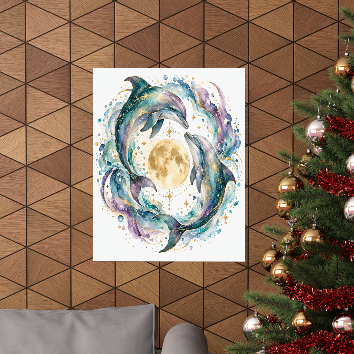 Twin Dolphin Moon Watercolor Art Print