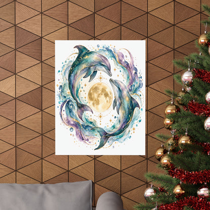 Twin Dolphin Moon Watercolor Art Print