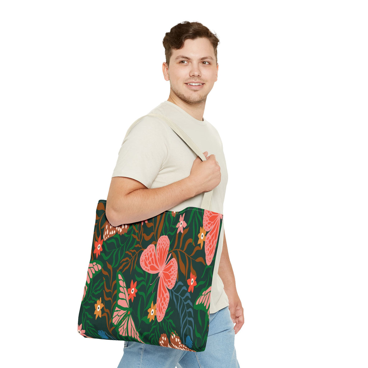 Floral Butterfly Tote Bag — Pink Butterflies on Green Botanical Print