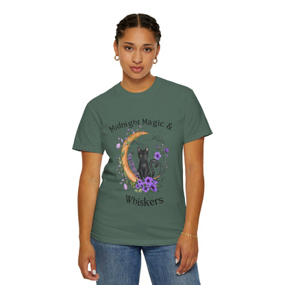 Mystical Black Cat Crescent Moon Floral Graphic Tee – Witchy Cat Lover Shirt