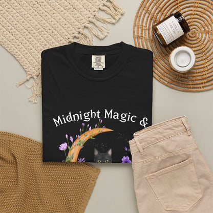 Mystical Black Cat & Crescent Moon Floral T-Shirt | Witchy Cat Tee
