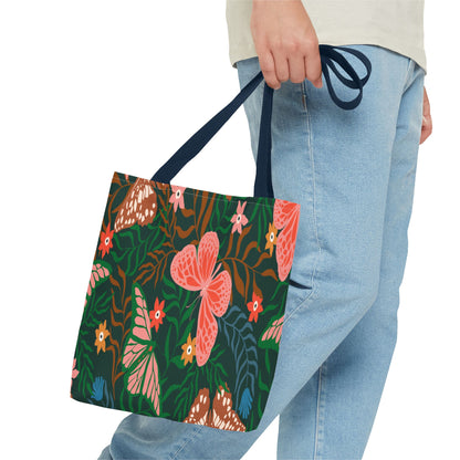 Floral Butterfly Tote Bag — Pink Butterflies on Green Botanical Print