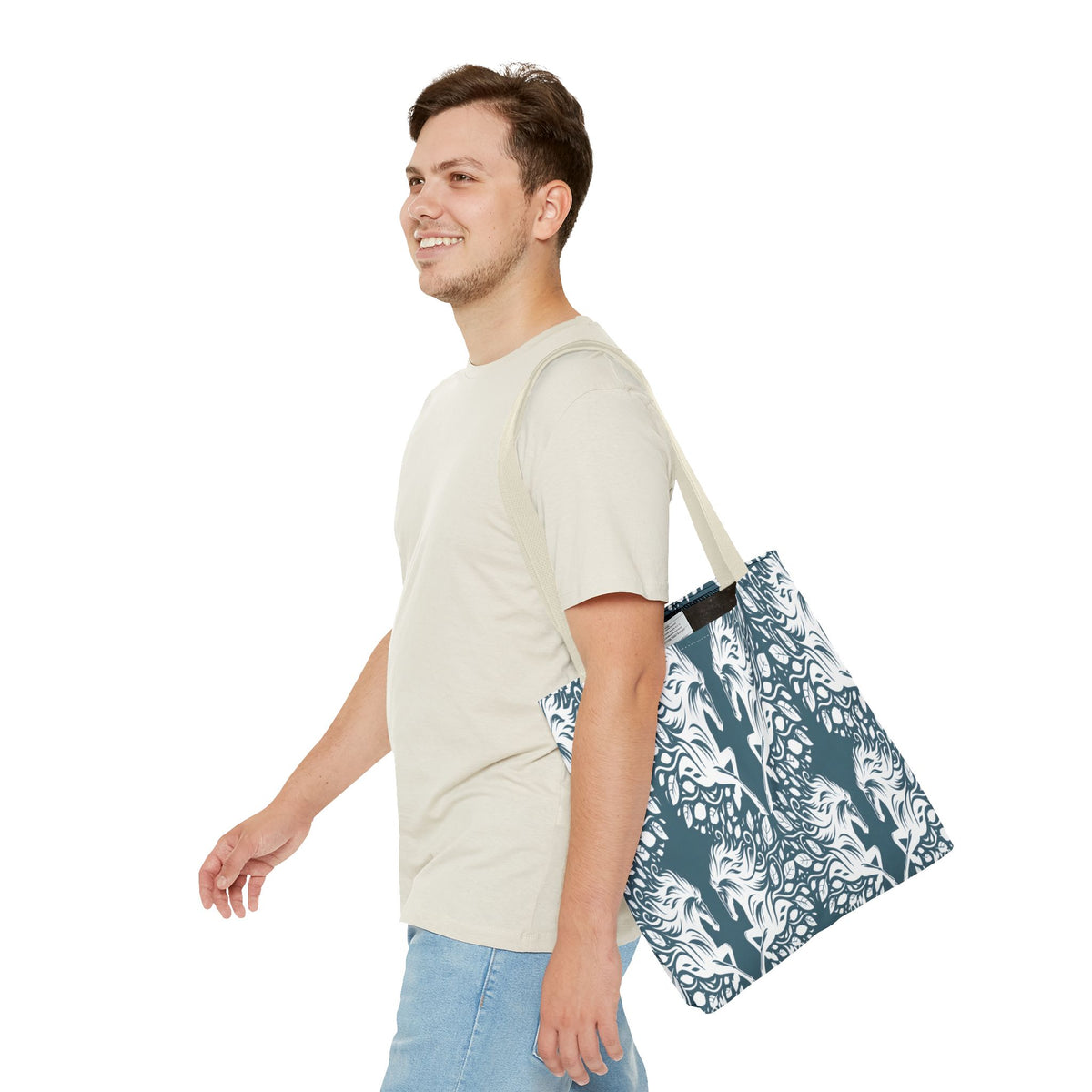 Abstract Teal Symmetry Tote Bag — All-Over-Print Artistic Pattern
