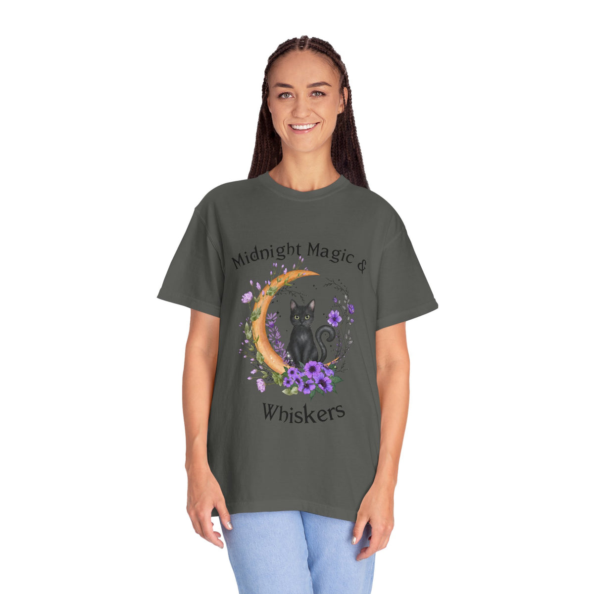 Mystical Black Cat Crescent Moon Floral Graphic Tee – Witchy Cat Lover Shirt