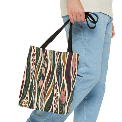 Botanical Wave Tote Bag — Earthy Floral Pattern All-Over Print