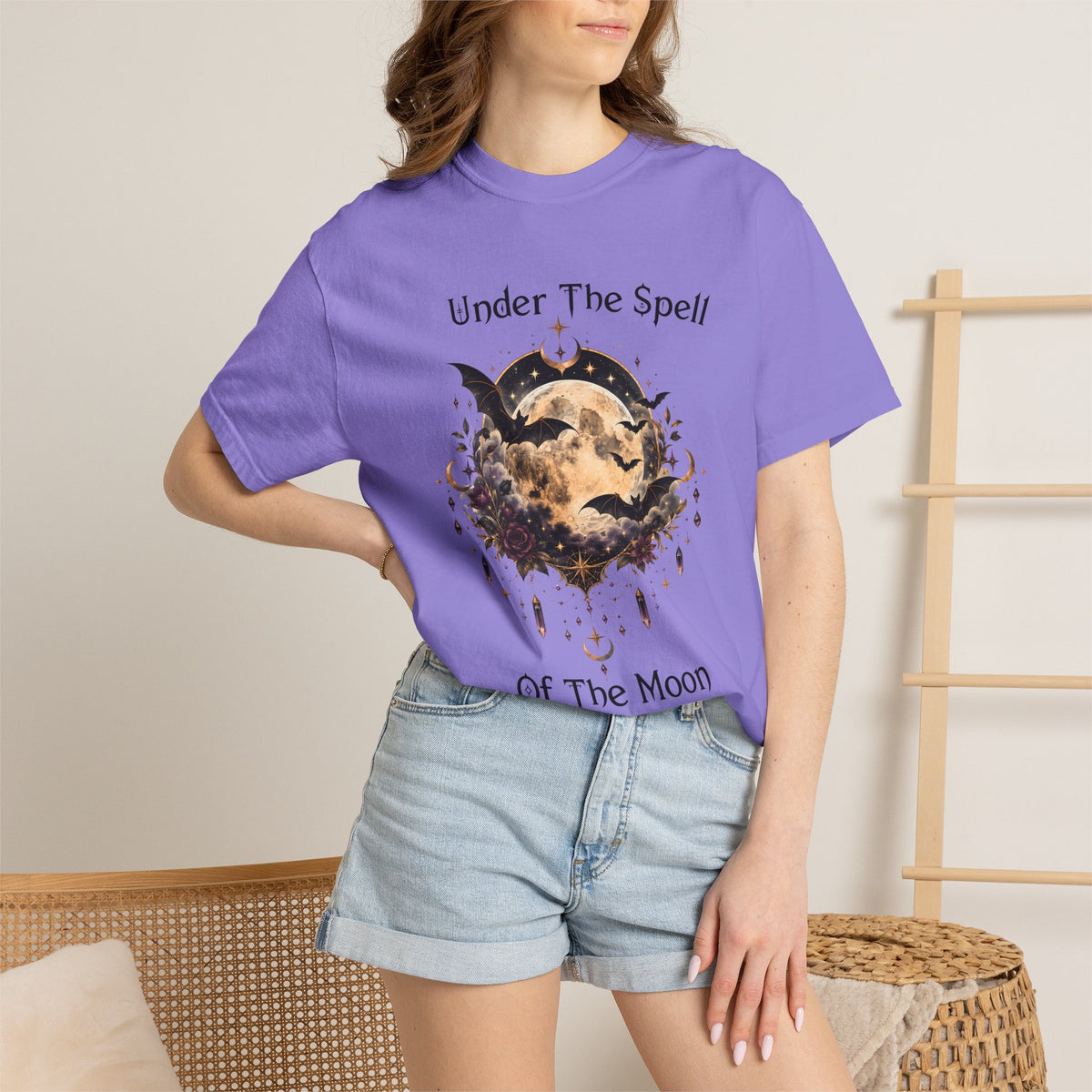 Moonlit Enchantment T-Shirt | Gothic Celestial Moon & Bats Graphic Tee