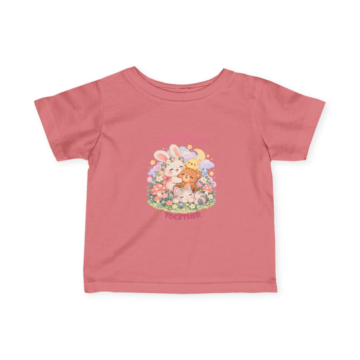 Infant Tee — "Happier Together" Floral Bunny & Bear Baby Shirt