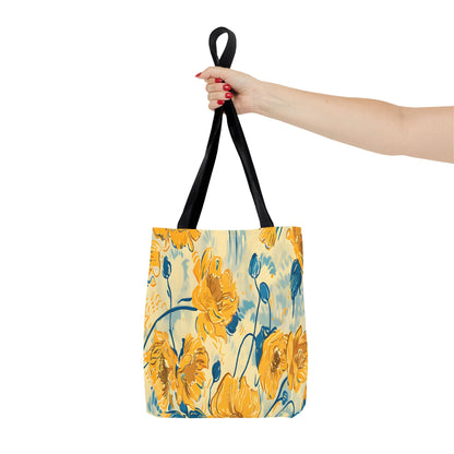 Golden Poppy Meadow Tote Bag – Yellow & Teal Painterly Floral Patter