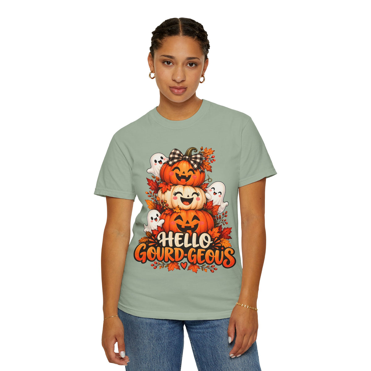 Hello Gourd-Geous Halloween T-Shirt | Cute Pumpkin & Ghost Graphic Tee