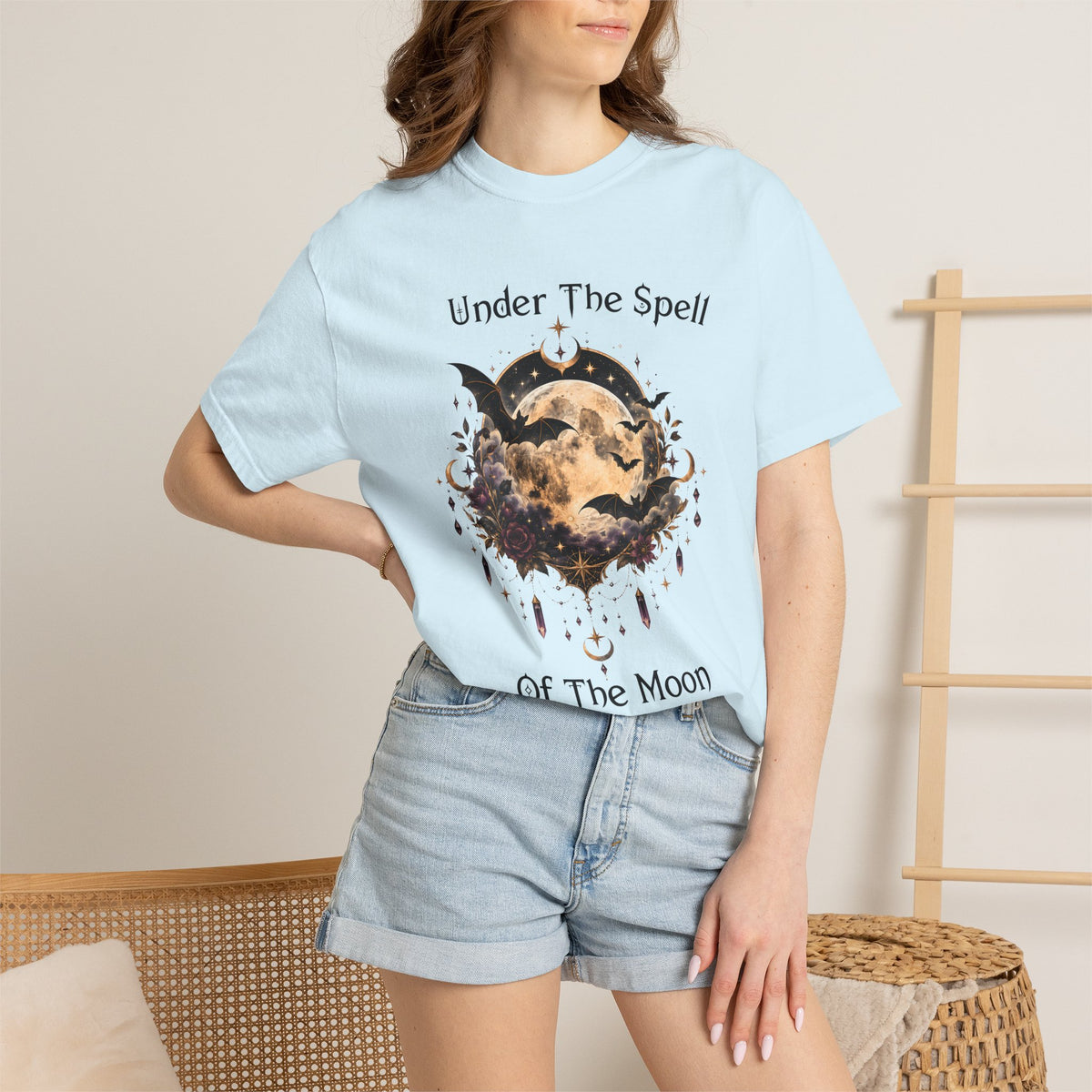 Moonlit Enchantment T-Shirt | Gothic Celestial Moon & Bats Graphic Tee