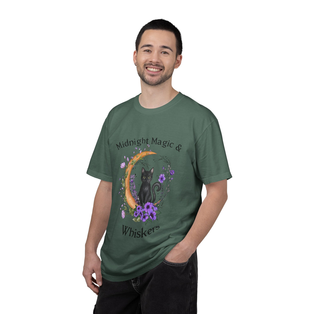 Mystical Black Cat Crescent Moon Floral Graphic Tee – Witchy Cat Lover Shirt