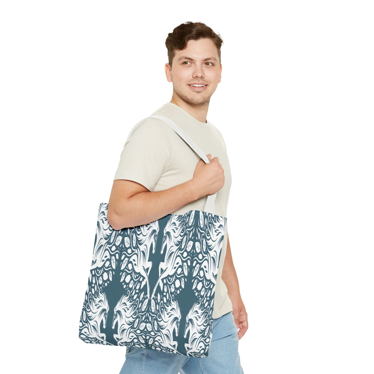 Abstract Teal Symmetry Tote Bag — All-Over-Print Artistic Pattern