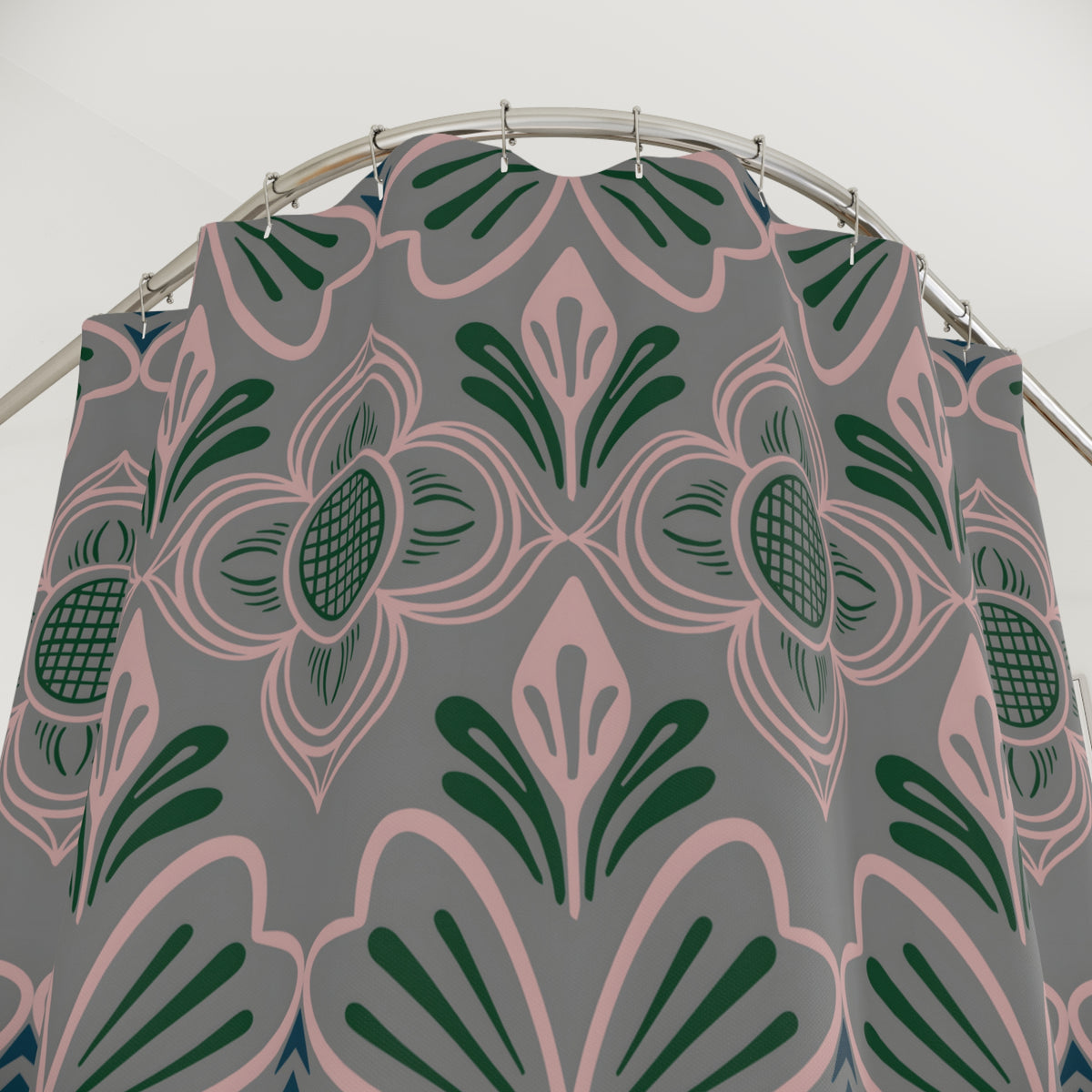 Floral Tile Shower Curtain — Pink & Forest Green Retro Pattern