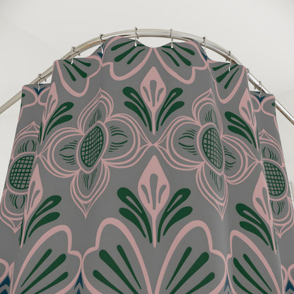 Floral Tile Shower Curtain — Pink & Forest Green Retro Pattern