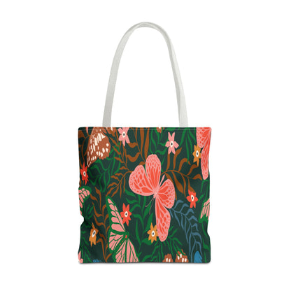 Floral Butterfly Tote Bag — Pink Butterflies on Green Botanical Print