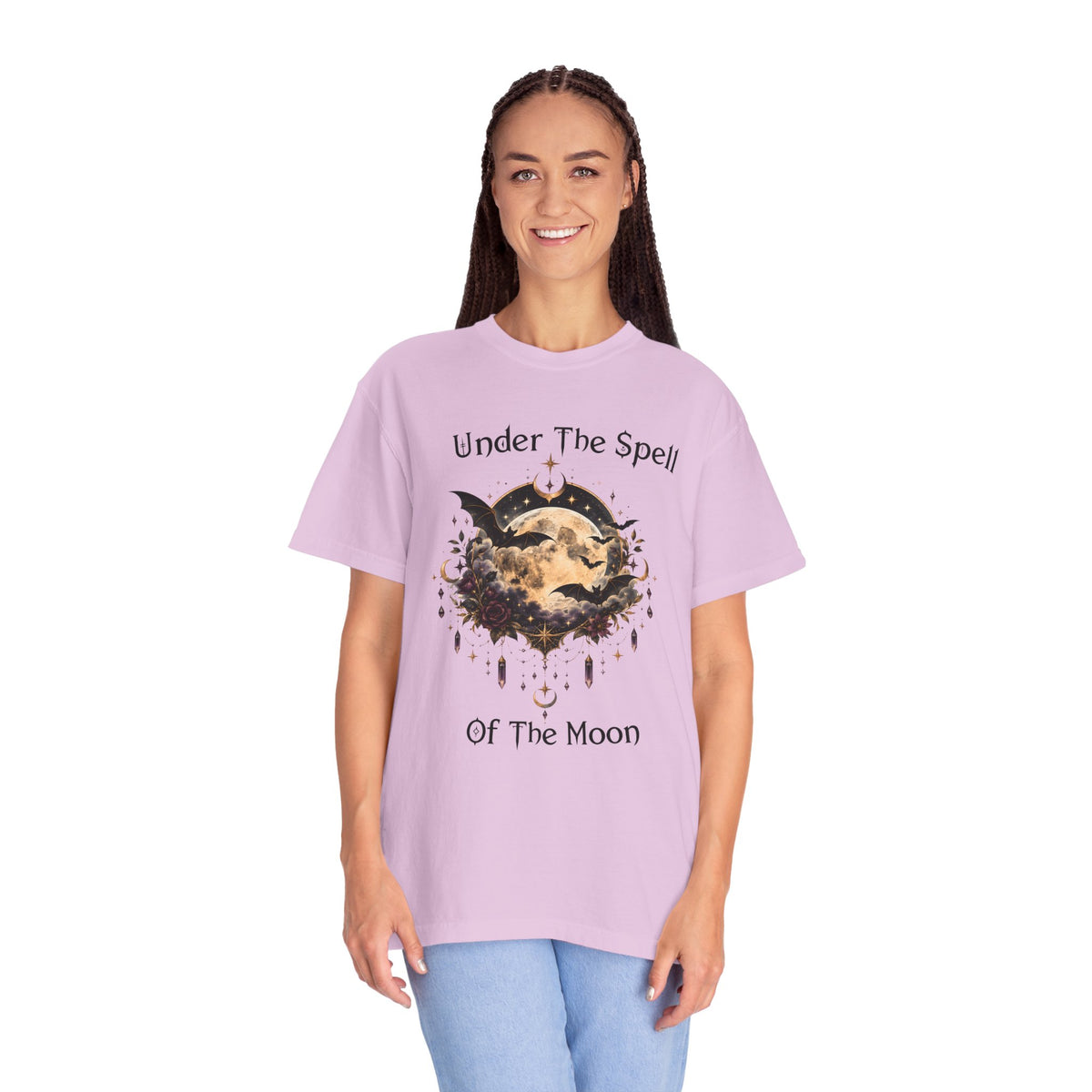 Moonlit Enchantment T-Shirt | Gothic Celestial Moon & Bats Graphic Tee