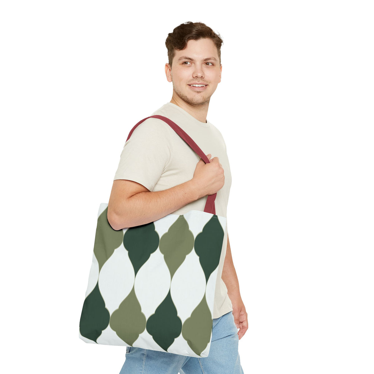 Green Moroccan Tile Pattern Tote Bag — All-Over Print Canvas Shopper