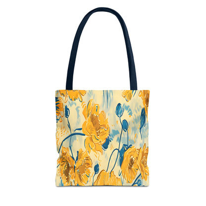 Golden Poppy Meadow Tote Bag – Yellow & Teal Painterly Floral Patter