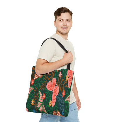 Floral Butterfly Tote Bag — Pink Butterflies on Green Botanical Print