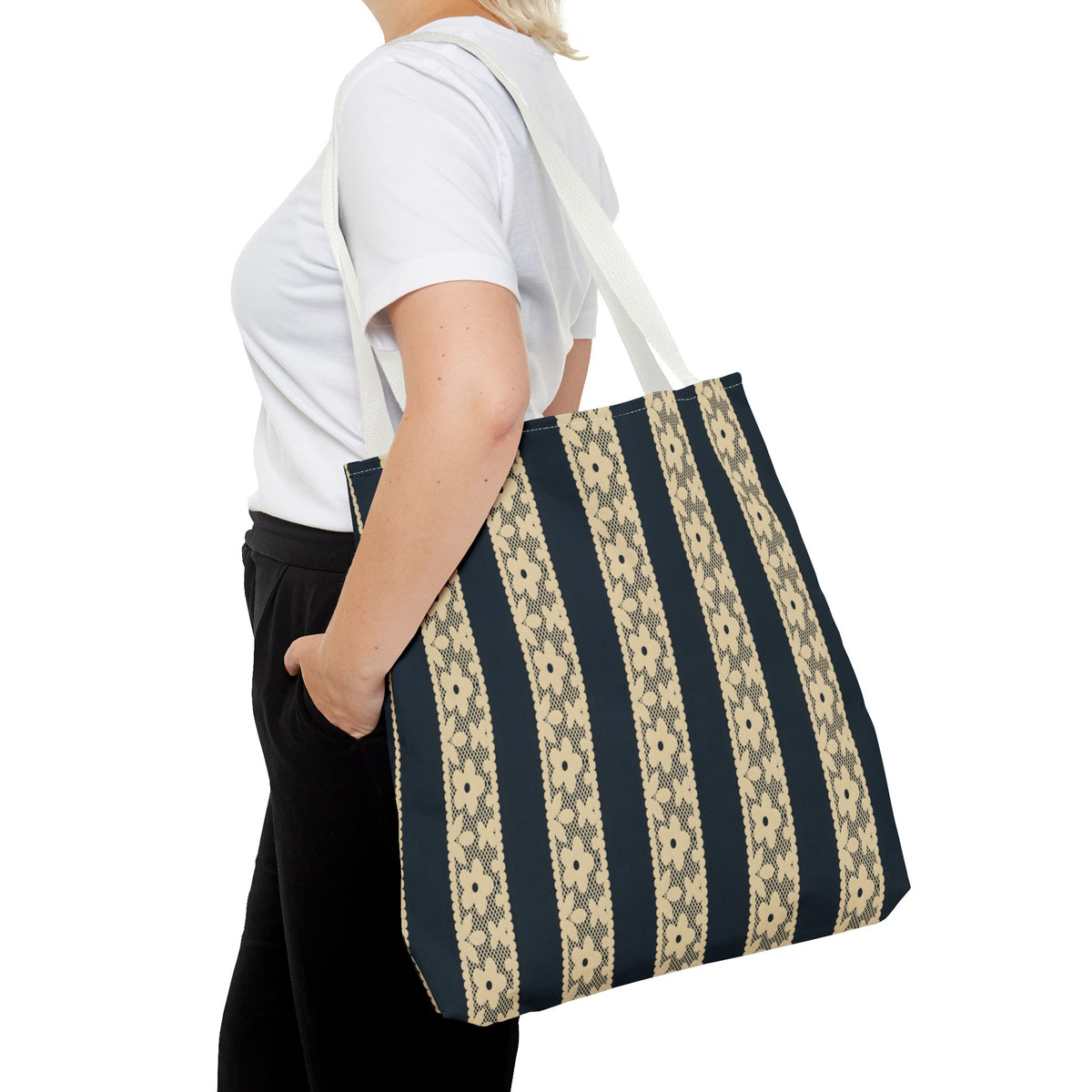 Lace Floral Yellow Black Stripe Tote Bag