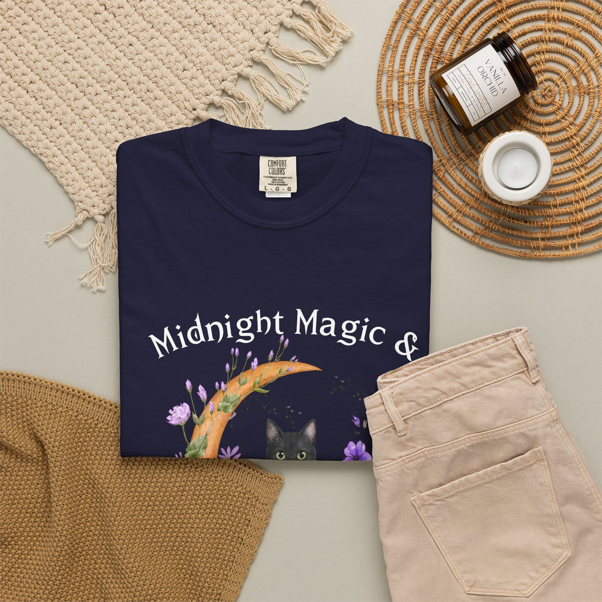 Mystical Black Cat & Crescent Moon Floral T-Shirt | Witchy Cat Tee